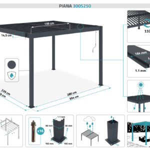 Piana 3x2,5m freistehende bioklimatische Pergola aus grauem Aluminium – Bild 4