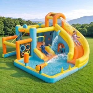 Aufblasbarer Wasserpark für Kinder: Burg, Rutsche und Schwimmbad. Inklusive Gebläse, Maße 405 × 416 × 218 cm, ideal zum Beispiel – Bild 3