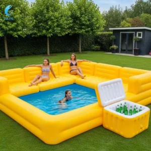 Aufblasbares Poolsofa mit eingebauter Bank Sommer-Wasserpark Familien-Lounge Aufblasbares schwimmendes Poolfloß für die Entspannung im Freien und in Innenräumen – Bild 3