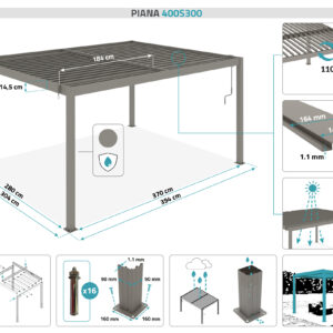 Pergola Aluminium 4x3m verstellbare Lamellen, Belüftung und Sonnenschutz, taupe Piana – Bild 3