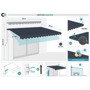 Manuelle einziehbare Markise - Cazeboo - VECCHIO - 4x3m - Premium-Stoff 320g/m² - Grau - UV-beständig - Beschattete Fläche 12m² – Bild 3